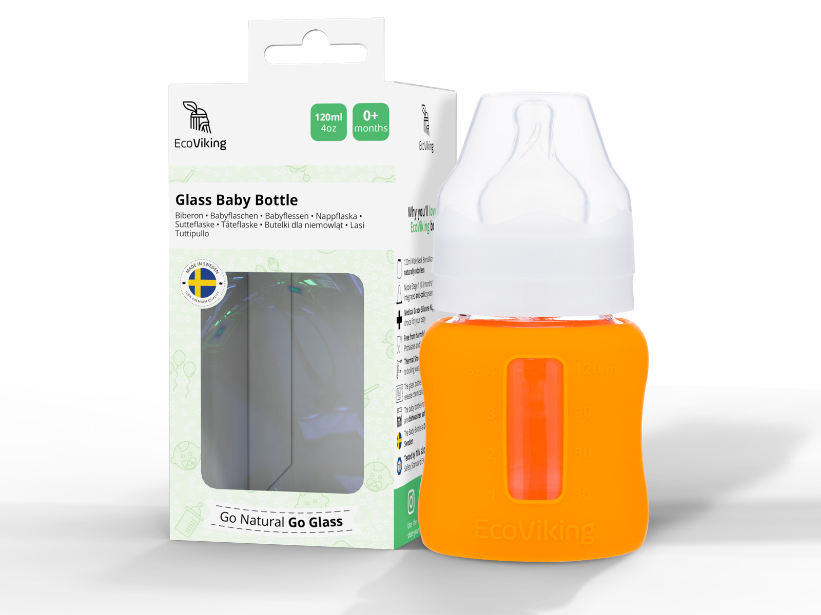 EcoViking Baby Weithals Glasfläschchen Orange 120 ml