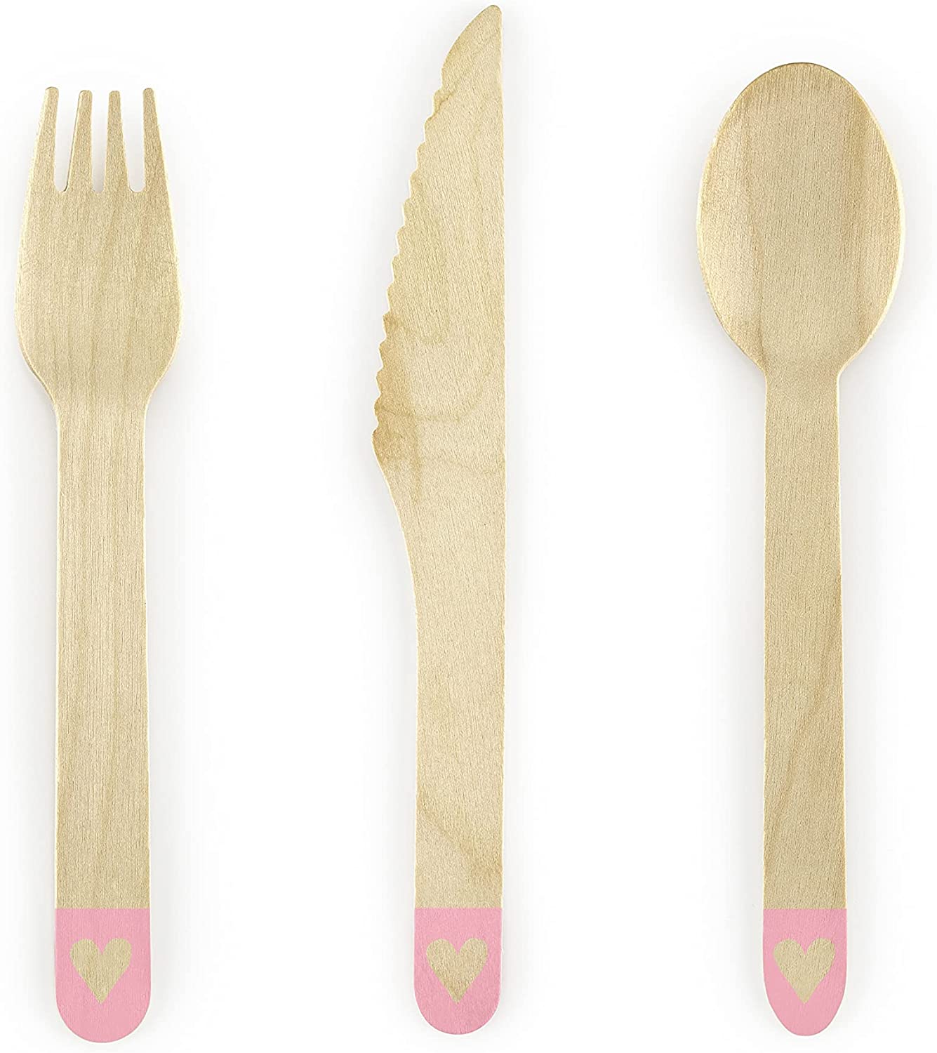 PartyDeco Holzbesteck Einwegbesteck Kindergeburtstag Hearts Blush Pink