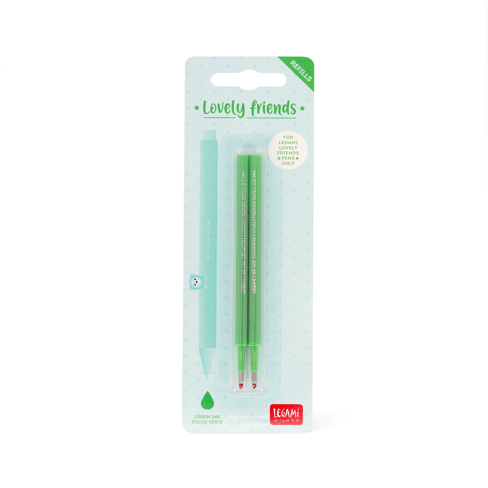 Legami Set 2 Ersatzpatronen für Gelstift Lovely Friends Green Grün