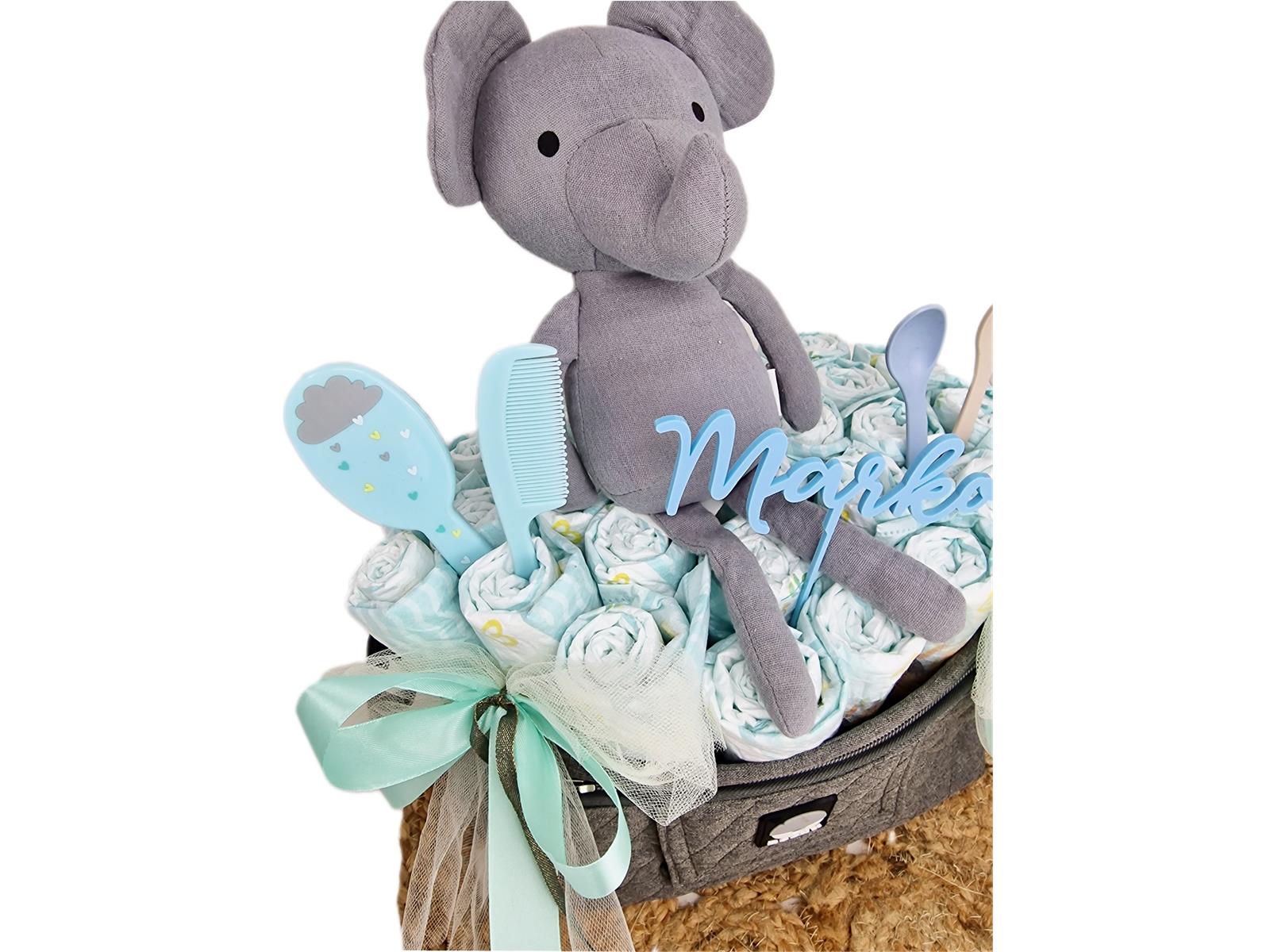 Elfenstall Windeltorte Pamperstorte Dooky Kinderwagentasche mit Stofftier Elefant