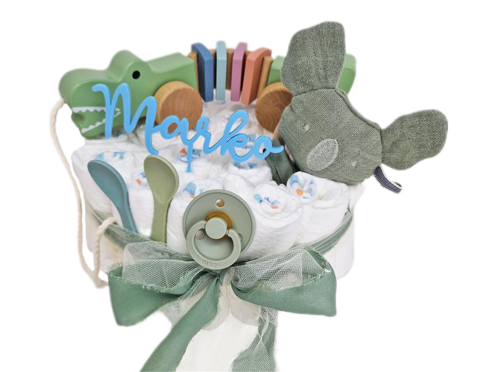 Elfenstall Windeltorte Pamperstorte mit Nachziehtier Krokodil Elfenstall Windeltorte Pamperstorte mit Nachziehtier Krokodil