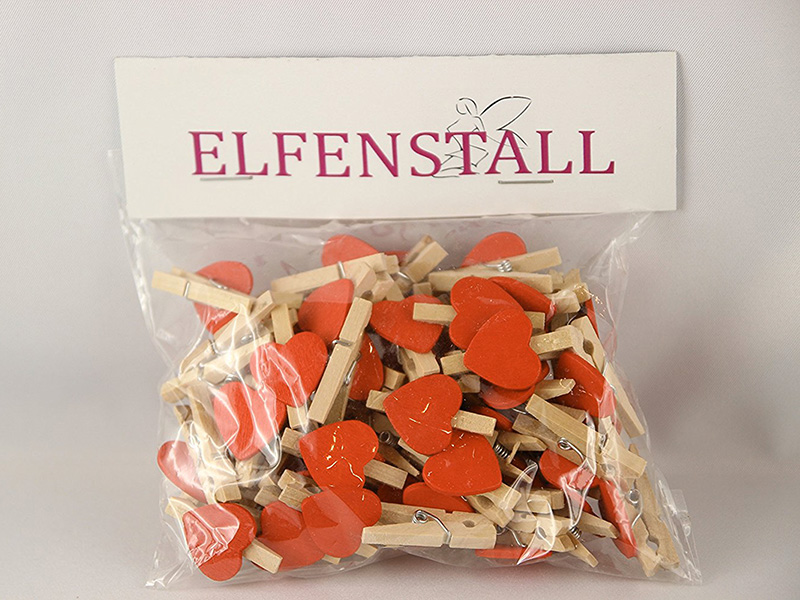 Elfenstall 50 Mini Holz Wäscheklammern / Holzklammern Herz orange