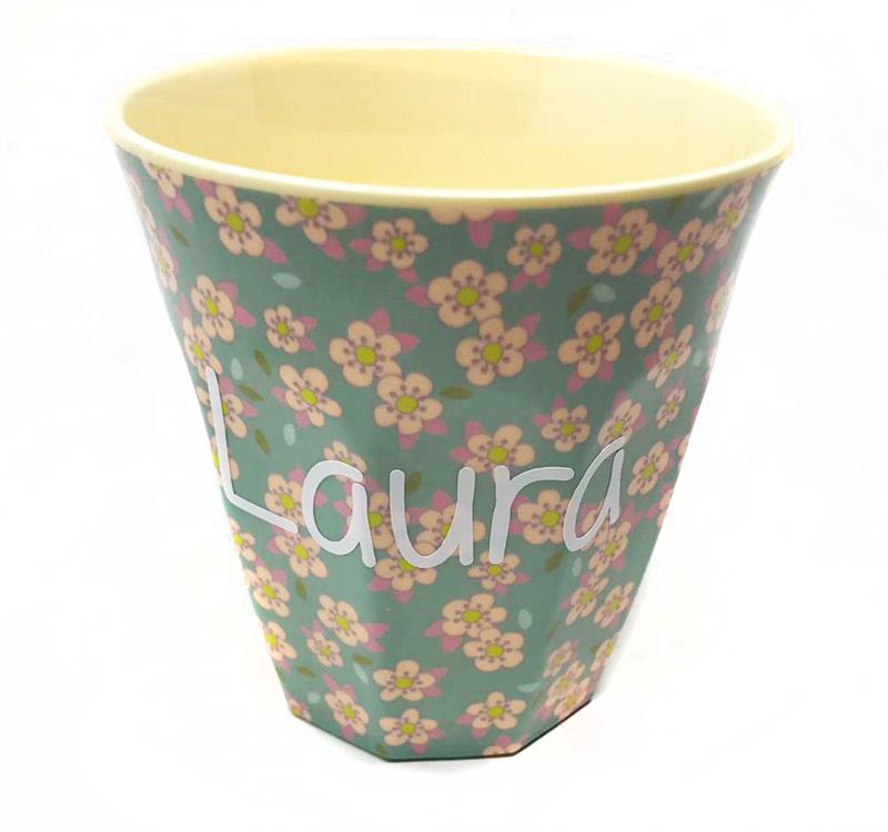 Elfenstall Rice Becher mit Wunsch-Namen personalisiert Medium Blumen Blau