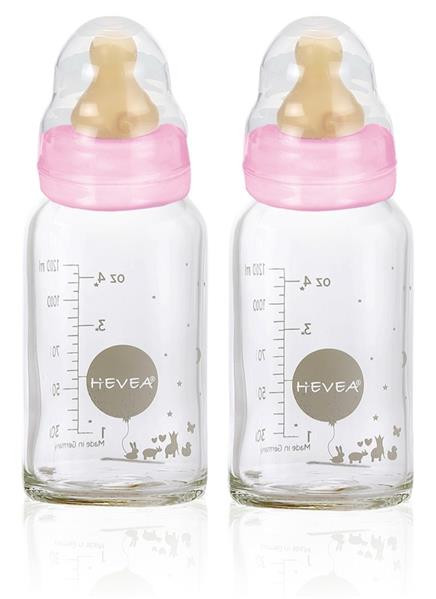 Hevea Babyfläschchen aus Glas 120 ml Babyglasflaschen - 2er Set pink