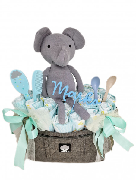Elfenstall Windeltorte Pamperstorte Dooky Kinderwagentasche mit Stofftier Elefant